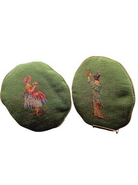 Vintage Needlepoint Cushion Pair with Green Velvet Fabric & Folk Art Figures Han